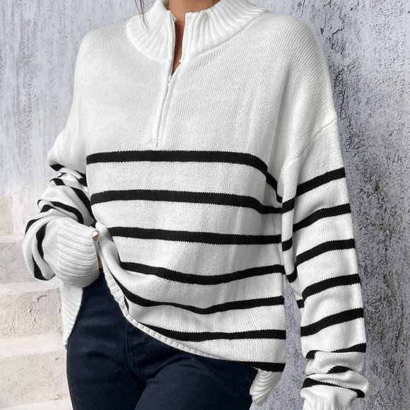 White Casual Womens Stripe Pattern Half Zipper Drop Shoulder Sweater - Picture 3 of 5